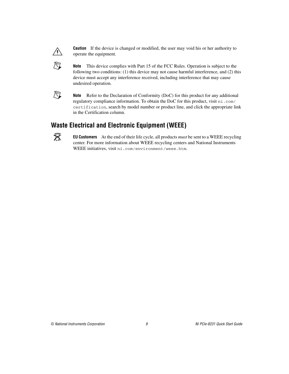 Waste electrical and electronic equipment (weee) | National Instruments Gigabit Ethernet (GigE) Interface Device NI PCIe-8231 User Manual | Page 9 / 11
