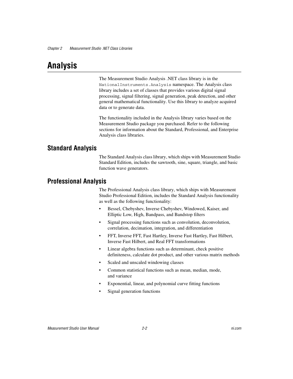 Analysis, Standard analysis, Professional analysis | Analysis -2, Standard analysis -2 professional analysis -2, To the, Section of | National Instruments Measurement Studio User Manual | Page 15 / 66
