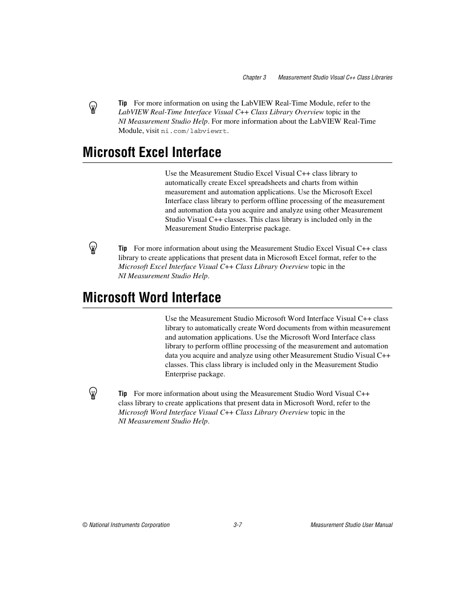 Microsoft excel interface, Microsoft word interface | National Instruments Measurement Studio User Manual | Page 32 / 66