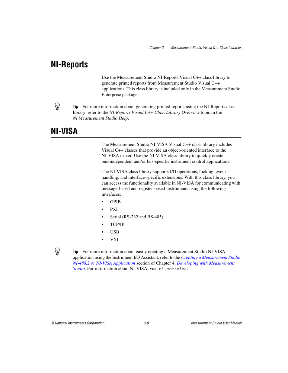 Ni-reports, Ni-visa, Ni-reports -9 ni-visa -9 | National Instruments Measurement Studio User Manual | Page 34 / 66