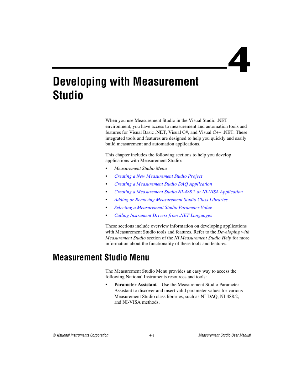 Chapter 4 developing with measurement studio, Measurement studio menu, Measurement studio menu -1 | Developing with measurement studio, Apter 4, Developing with measurement, Studio | National Instruments Measurement Studio User Manual | Page 42 / 66