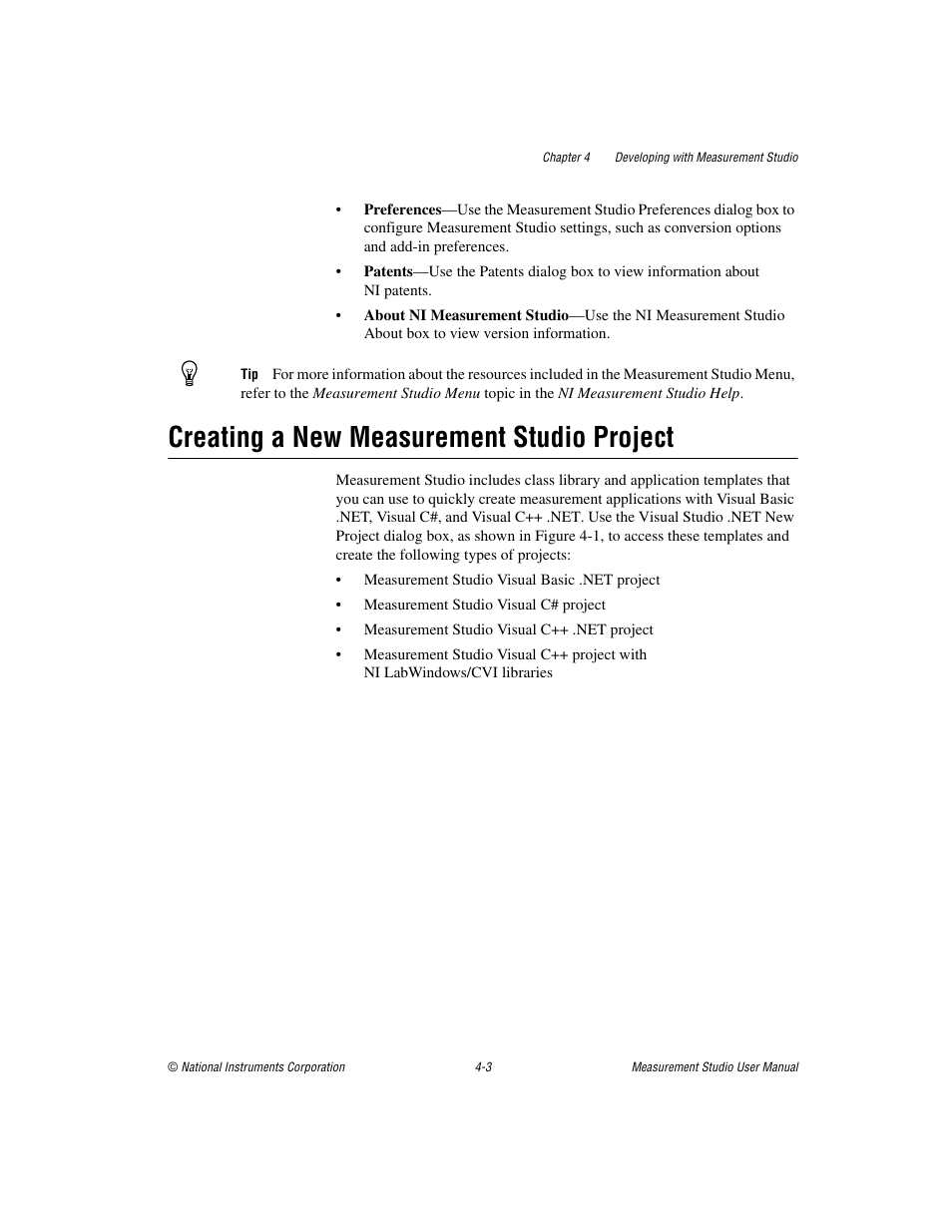 Creating a new measurement studio project, Creating a new measurement studio project -3 | National Instruments Measurement Studio User Manual | Page 44 / 66