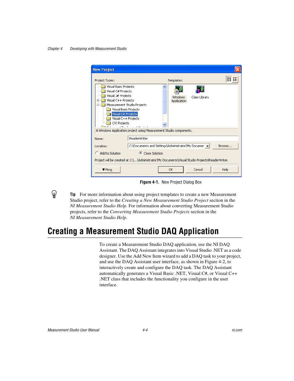 Figure 4-1. new project dialog box, Creating a measurement studio daq application, Creating a measurement studio daq application -4 | National Instruments Measurement Studio User Manual | Page 45 / 66