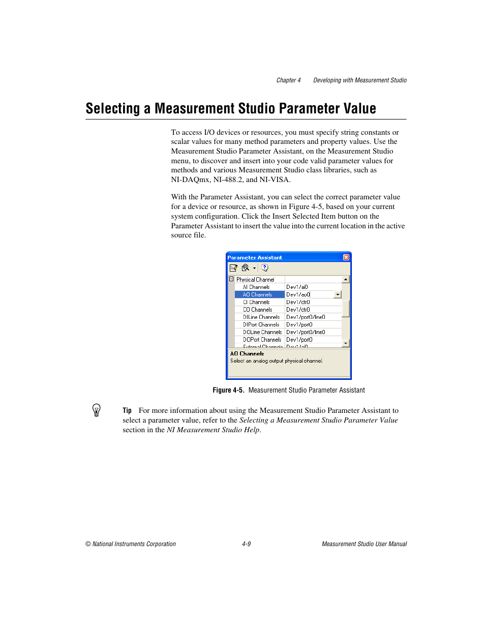 Selecting a measurement studio parameter value, Figure 4-5. measurement studio parameter assistant, Selecting a measurement studio parameter value -9 | National Instruments Measurement Studio User Manual | Page 50 / 66