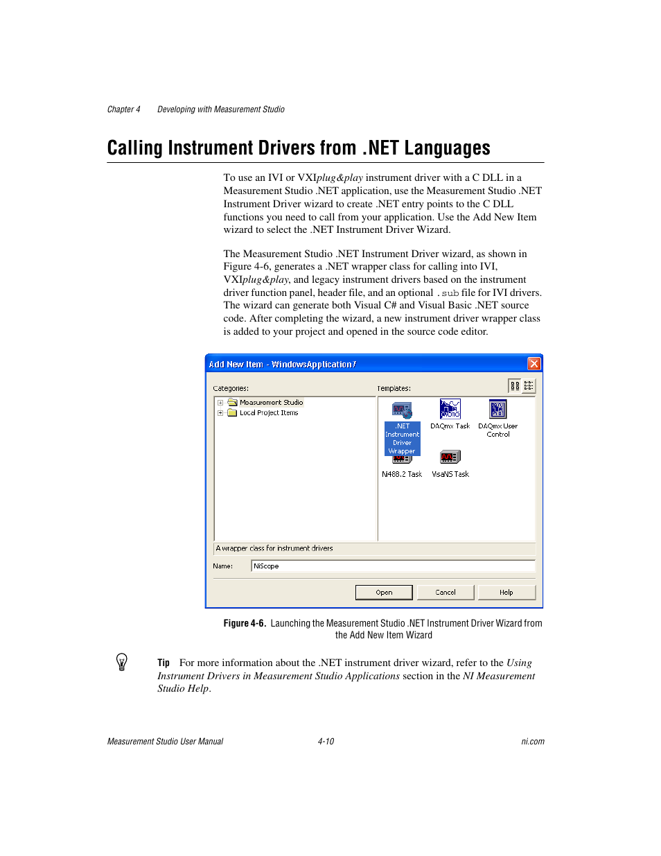 Calling instrument drivers from .net languages, Calling instrument drivers from .net languages -10 | National Instruments Measurement Studio User Manual | Page 51 / 66