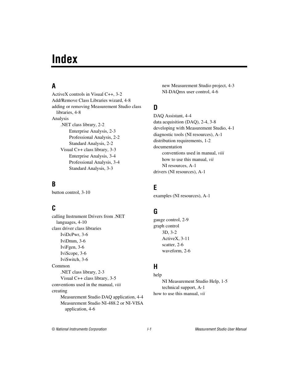 Index | National Instruments Measurement Studio User Manual | Page 63 / 66