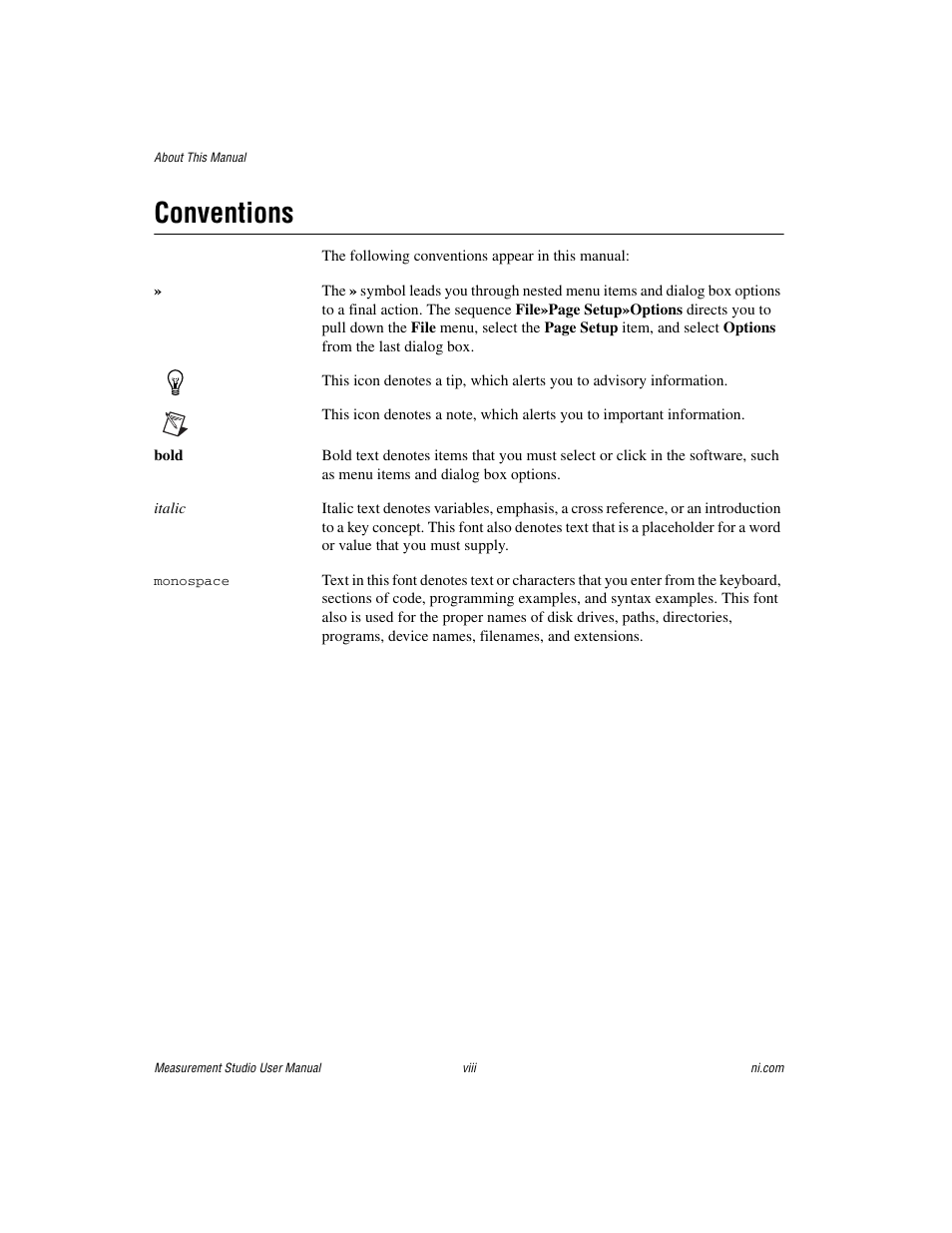 Conventions | National Instruments Measurement Studio User Manual | Page 7 / 66