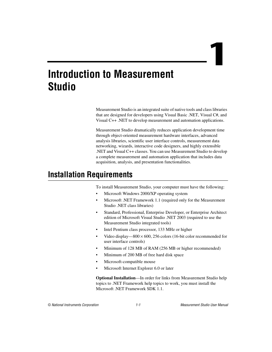 Chapter 1 introduction to measurement studio, Installation requirements, Installation requirements -1 | Introduction to measurement studio | National Instruments Measurement Studio User Manual | Page 8 / 66