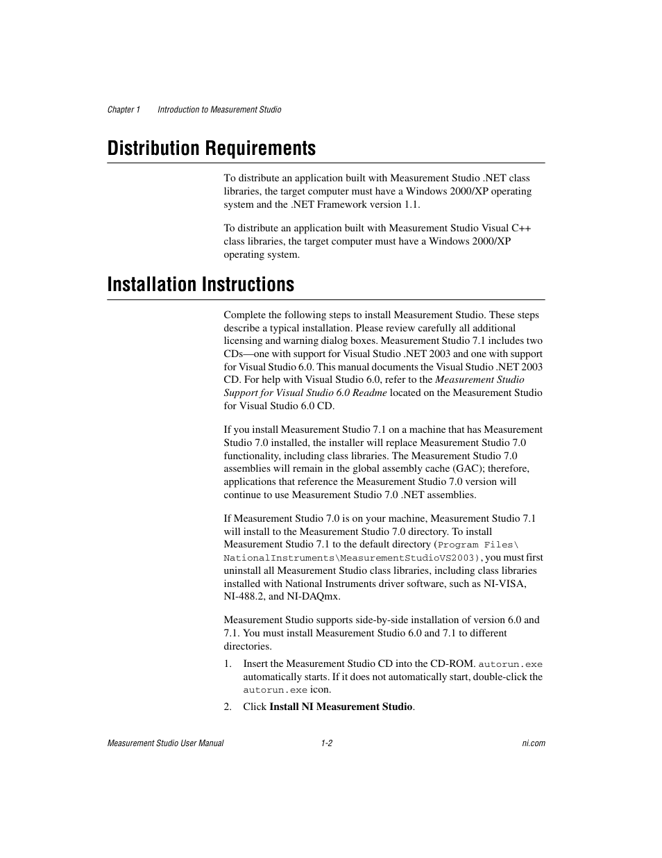Distribution requirements, Installation instructions | National Instruments Measurement Studio User Manual | Page 9 / 66