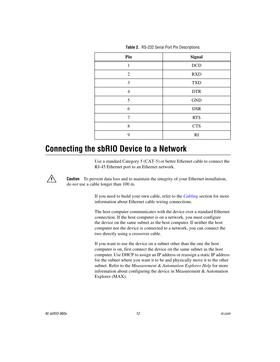 Table 2. rs-232 serial port pin descriptions, Connecting the sbrio device to a network | National Instruments NI sbRIO-960x User Manual | Page 12 / 28