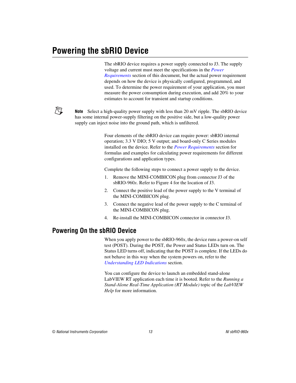 Powering the sbrio device, Powering on the sbrio device | National Instruments NI sbRIO-960x User Manual | Page 13 / 28