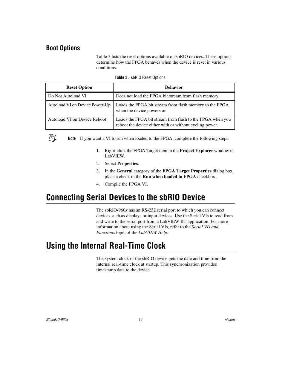 Boot options, Table 3. sbrio reset options, Connecting serial devices to the sbrio device | Using the internal real-time clock | National Instruments NI sbRIO-960x User Manual | Page 14 / 28