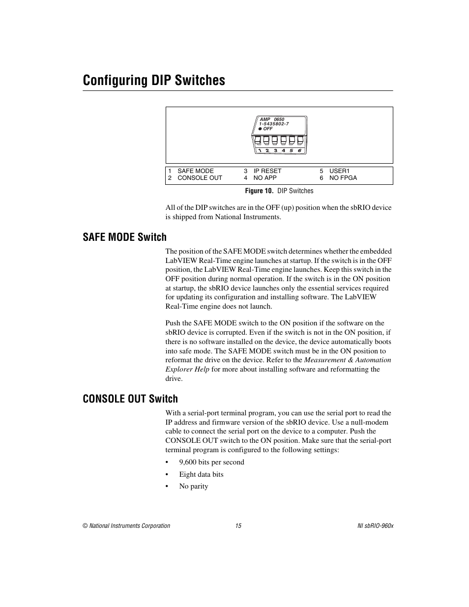 Configuring dip switches, Figure 10. dip switches, Safe mode switch | Console out switch | National Instruments NI sbRIO-960x User Manual | Page 15 / 28