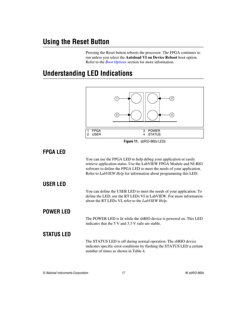 Using the reset button, Understanding led indications, Figure 11. sbrio-960x leds | Fpga led, User led, Power led, Status led | National Instruments NI sbRIO-960x User Manual | Page 17 / 28