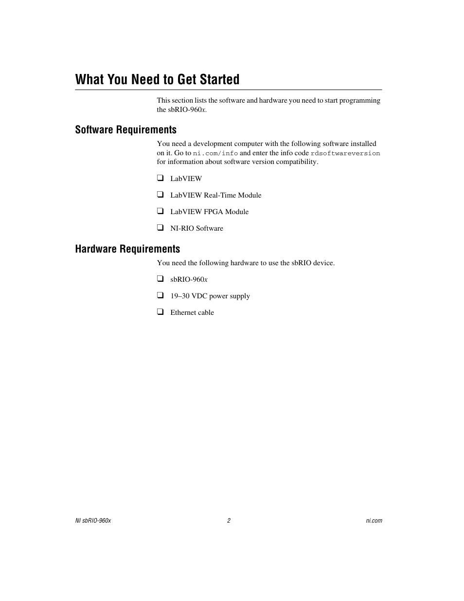 What you need to get started, Software requirements, Hardware requirements | National Instruments NI sbRIO-960x User Manual | Page 2 / 28