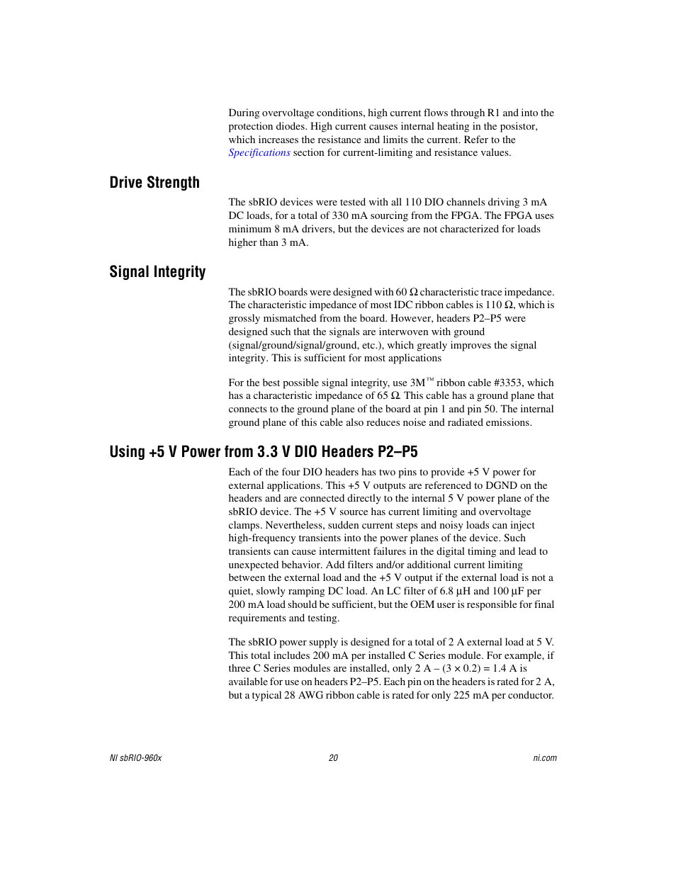 Drive strength, Signal integrity, Using +5 v power from 3.3 v dio headers p2-p5 | National Instruments NI sbRIO-960x User Manual | Page 20 / 28