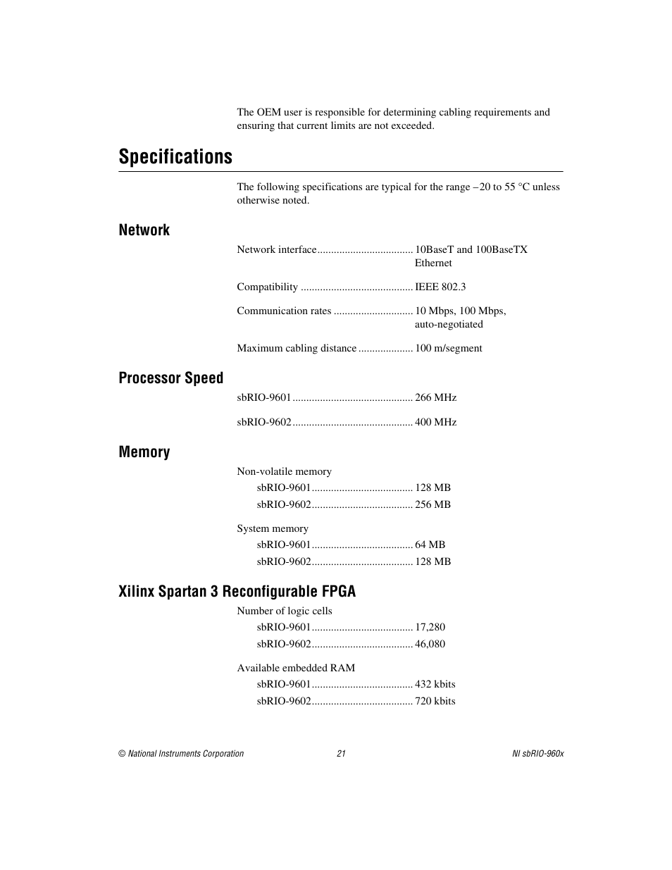 Specifications, Network, Processor speed | Memory, Xilinx spartan 3 reconfigurable fpga | National Instruments NI sbRIO-960x User Manual | Page 21 / 28