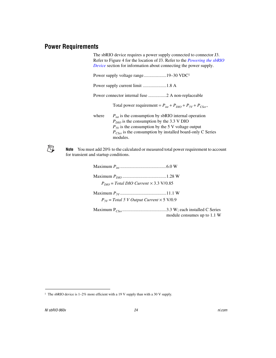 Power requirements, Power, Requirements | To the | National Instruments NI sbRIO-960x User Manual | Page 24 / 28