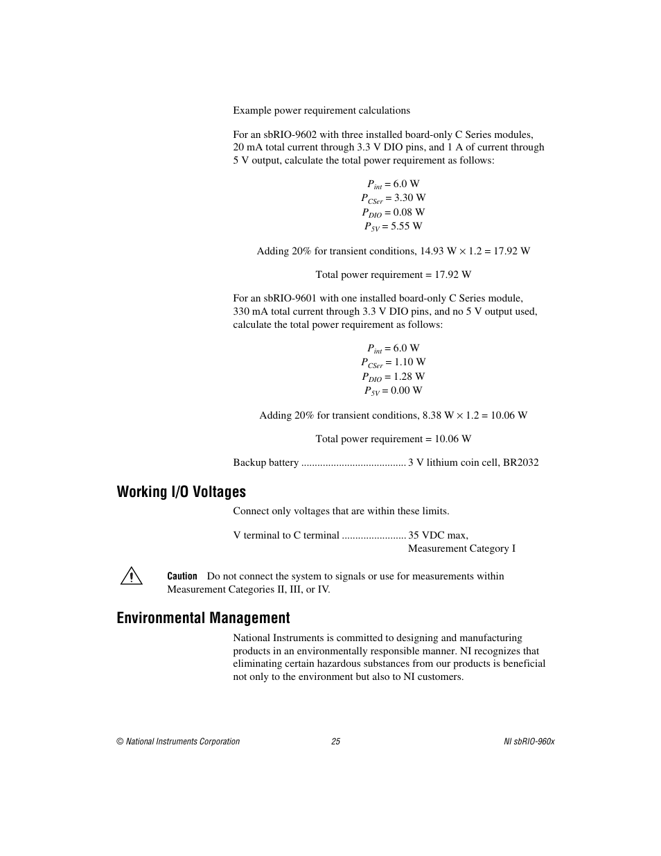 Working i/o voltages, Environmental management | National Instruments NI sbRIO-960x User Manual | Page 25 / 28