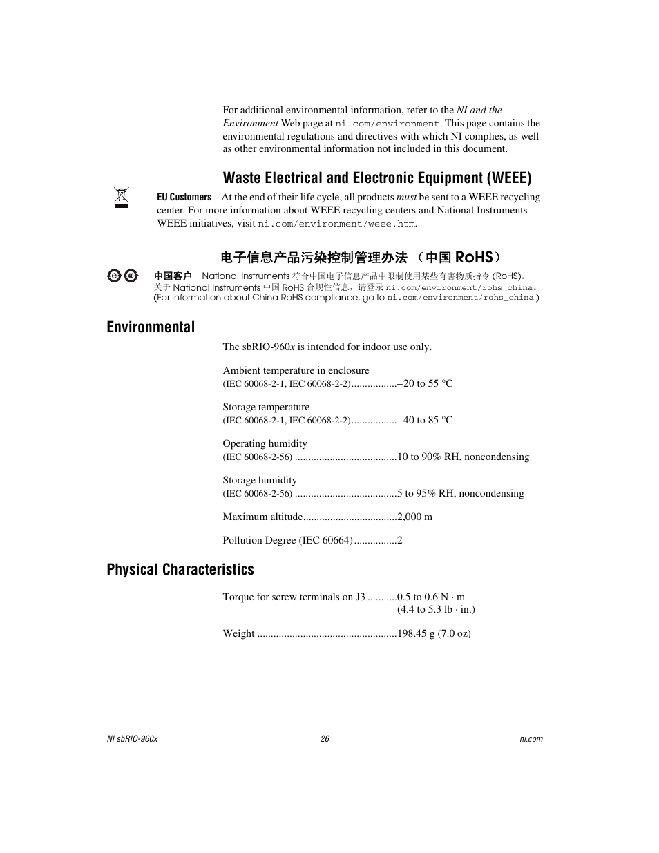 Environmental, Physical characteristics, Rohs | Waste electrical and electronic equipment (weee), ᄤֵᙃѻક∵ᶧ᥻ࠊㅵ⧚ࡲ⊩ ˄ё | National Instruments NI sbRIO-960x User Manual | Page 26 / 28
