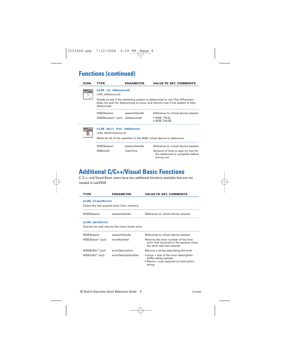 Additional c/c++/visual basic functions, Functions (continued) | National Instruments Switch Executive User Manual | Page 4 / 8