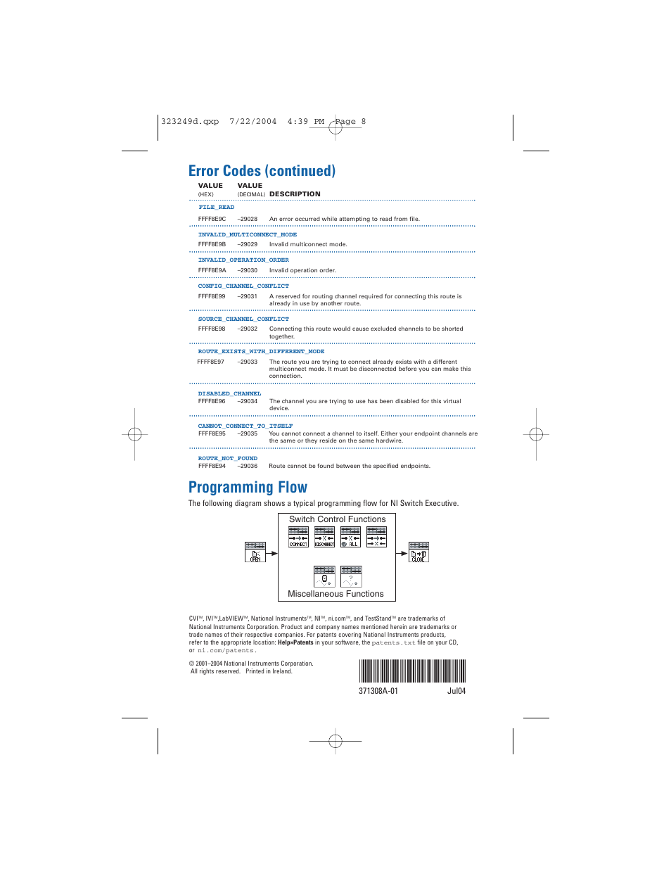 Programming flow, Error codes (continued) | National Instruments Switch Executive User Manual | Page 8 / 8