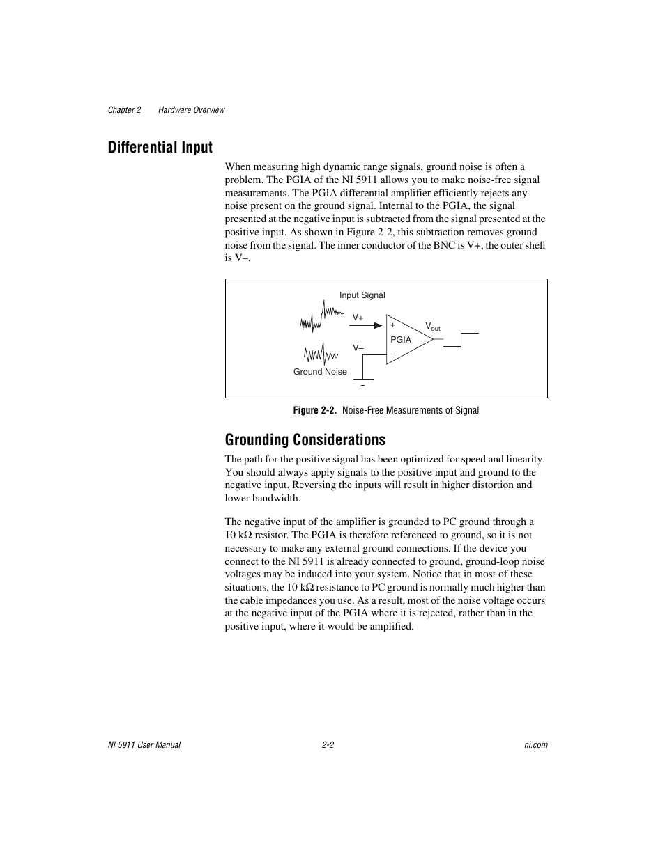 Differential input, Figure 2-2. noise-free measurements of signal, Grounding considerations | Differential input -2, Grounding considerations -2 | National Instruments NI 5911 User Manual | Page 13 / 45