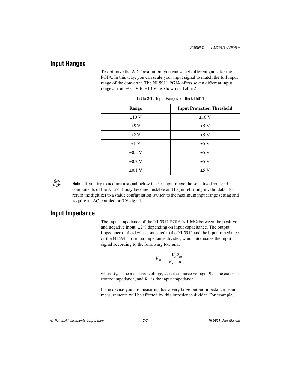 Input ranges, Table 2-1. input ranges for the ni 5911, Input impedance | Input ranges -3 input impedance -3 | National Instruments NI 5911 User Manual | Page 14 / 45