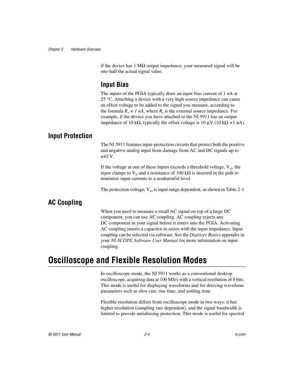 Input bias, Input protection, Ac coupling | Oscilloscope and flexible resolution modes, Input bias -4, Input protection -4 ac coupling -4, Oscilloscope and flexible resolution modes -4 | National Instruments NI 5911 User Manual | Page 15 / 45