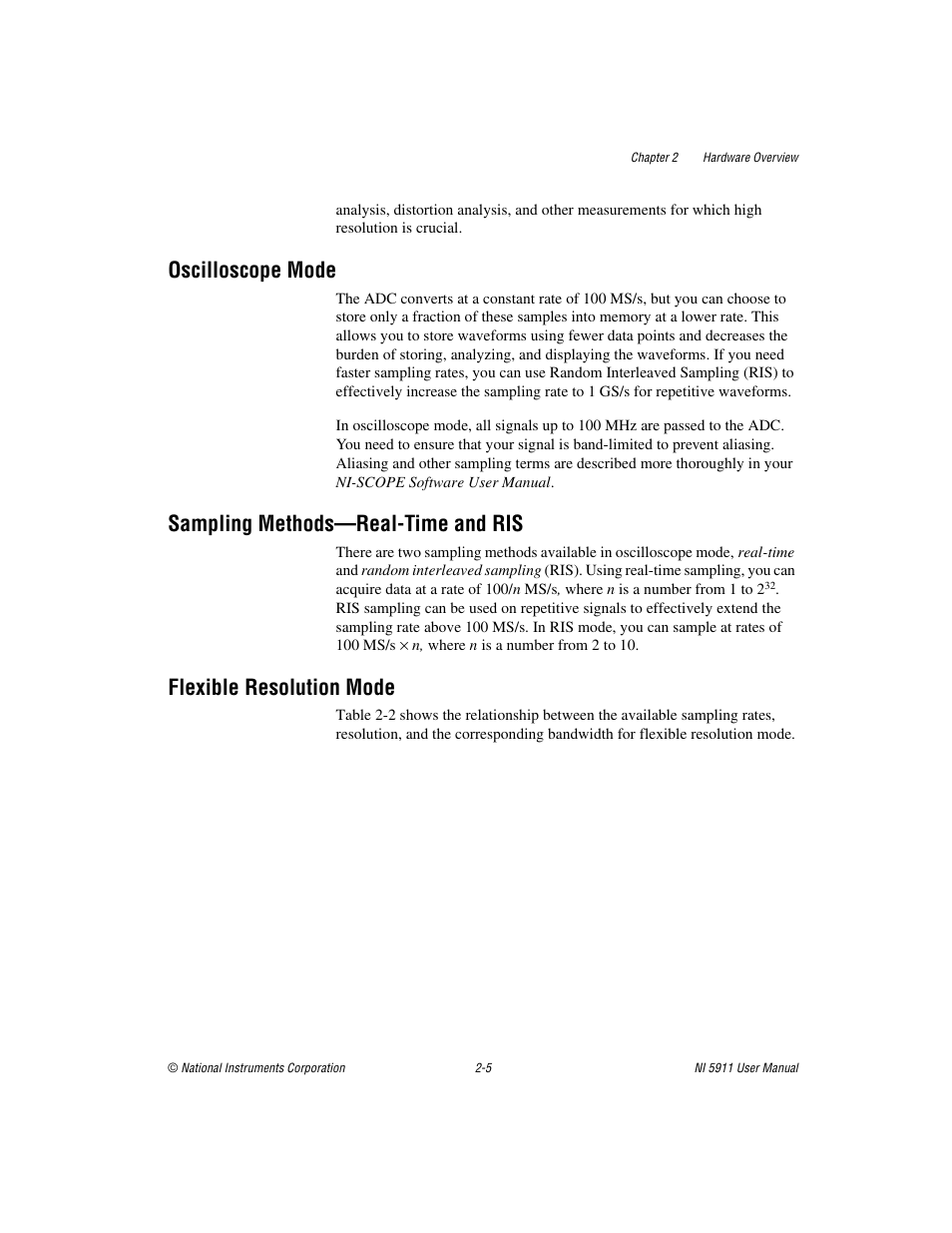 Oscilloscope mode, Sampling methods—real-time and ris, Flexible resolution mode | National Instruments NI 5911 User Manual | Page 16 / 45