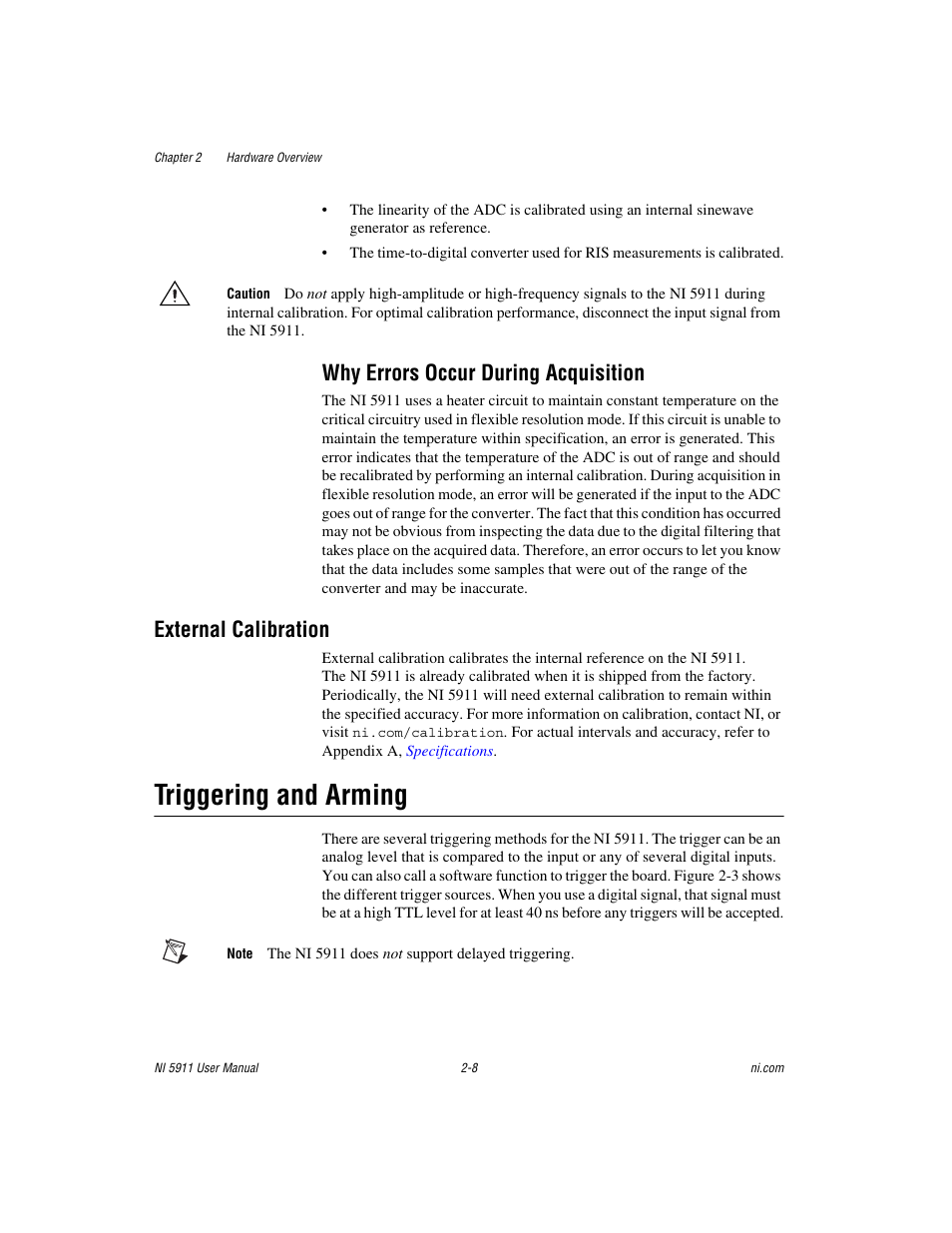 Why errors occur during acquisition, External calibration, Triggering and arming | Why errors occur during acquisition -8, External calibration -8, Triggering and arming -8 | National Instruments NI 5911 User Manual | Page 19 / 45