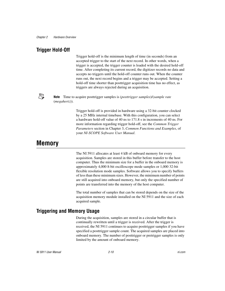 Trigger hold-off, Memory, Triggering and memory usage | Trigger hold-off -10, Memory -10, Triggering and memory usage -10 | National Instruments NI 5911 User Manual | Page 21 / 45