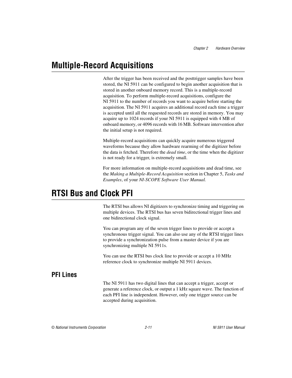 Multiple-record acquisitions, Rtsi bus and clock pfi, Pfi lines | Multiple-record acquisitions -11, Rtsi bus and clock pfi -11, Pfi lines -11 | National Instruments NI 5911 User Manual | Page 22 / 45