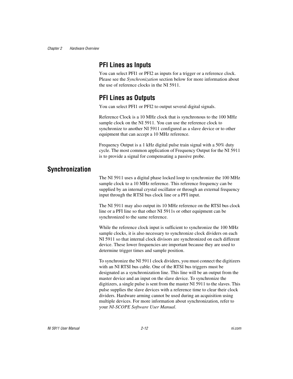 Pfi lines as inputs, Pfi lines as outputs, Synchronization | Pfi lines as inputs -12 pfi lines as outputs -12, Synchronization -12 | National Instruments NI 5911 User Manual | Page 23 / 45