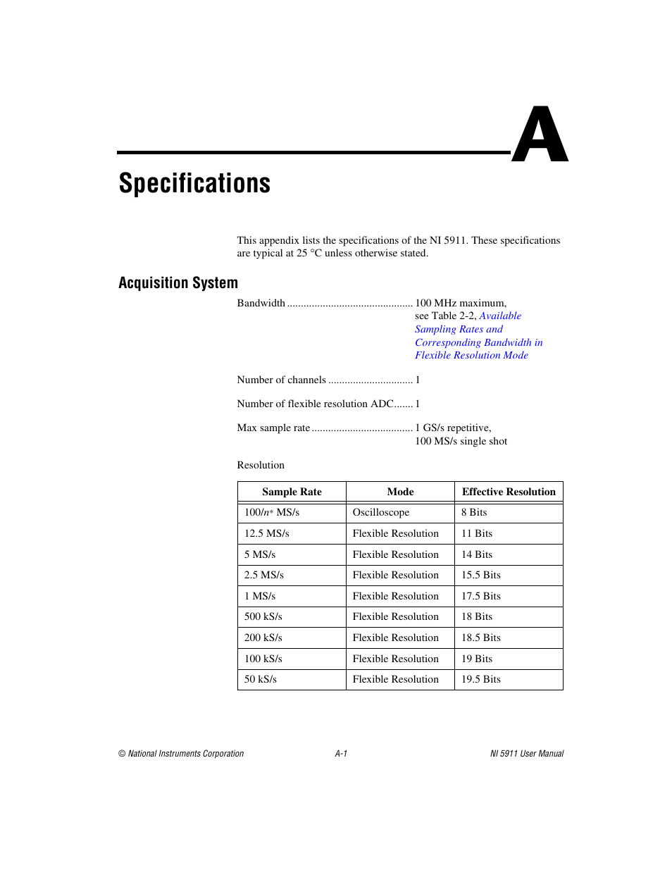 Appendix a specifications, Specifications, Acquisition system | National Instruments NI 5911 User Manual | Page 24 / 45