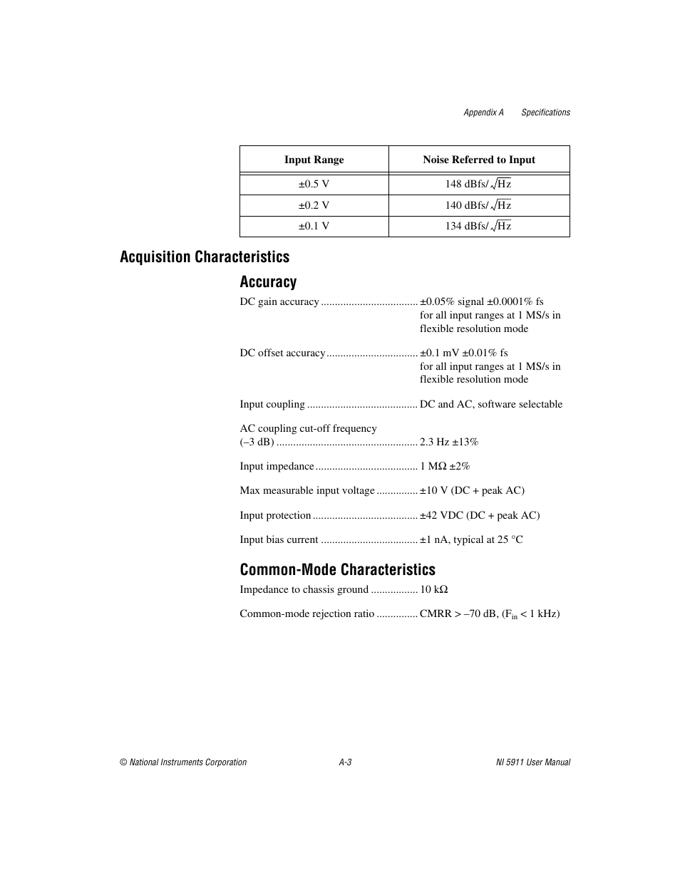 Acquisition characteristics accuracy, Common-mode characteristics | National Instruments NI 5911 User Manual | Page 26 / 45