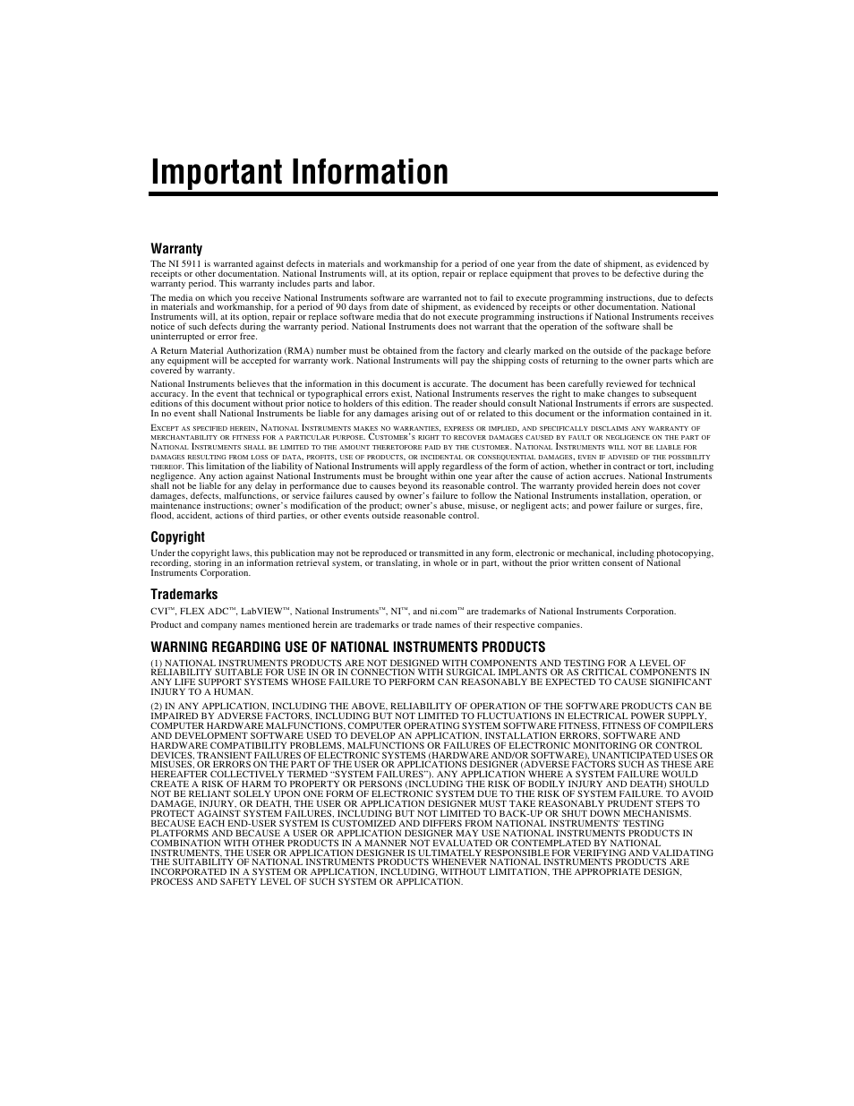 Important information, Warranty, Copyright | Trademarks | National Instruments NI 5911 User Manual | Page 3 / 45