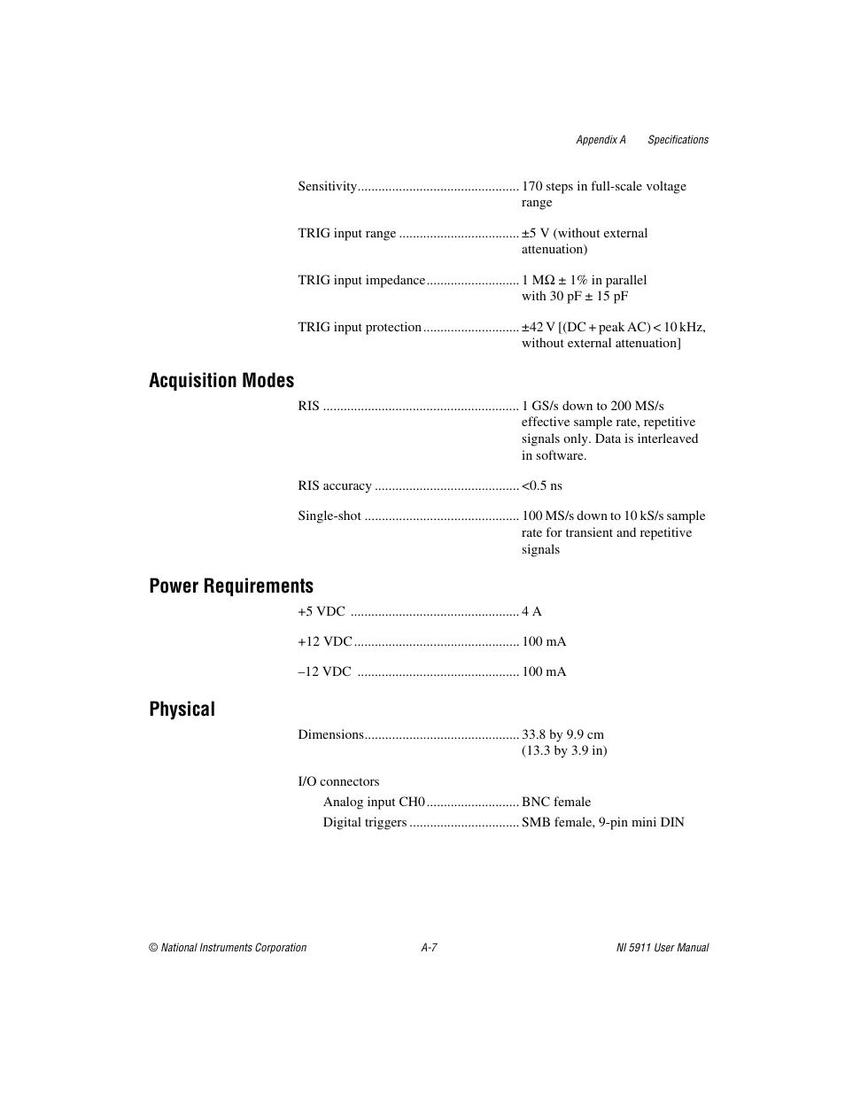 Acquisition modes, Power requirements, Physical | National Instruments NI 5911 User Manual | Page 30 / 45