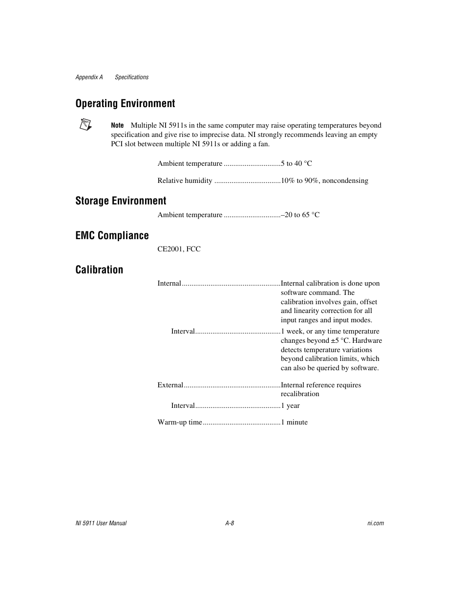 Operating environment, Storage environment, Emc compliance | Calibration | National Instruments NI 5911 User Manual | Page 31 / 45