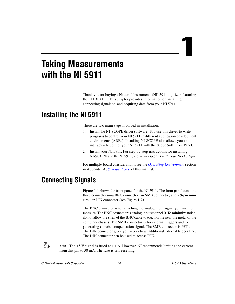 Chapter 1 taking measurements with the ni 5911, Installing the ni 5911, Connecting signals | Installing the ni 5911 -1 connecting signals -1, Taking measurements with the ni 5911 | National Instruments NI 5911 User Manual | Page 9 / 45