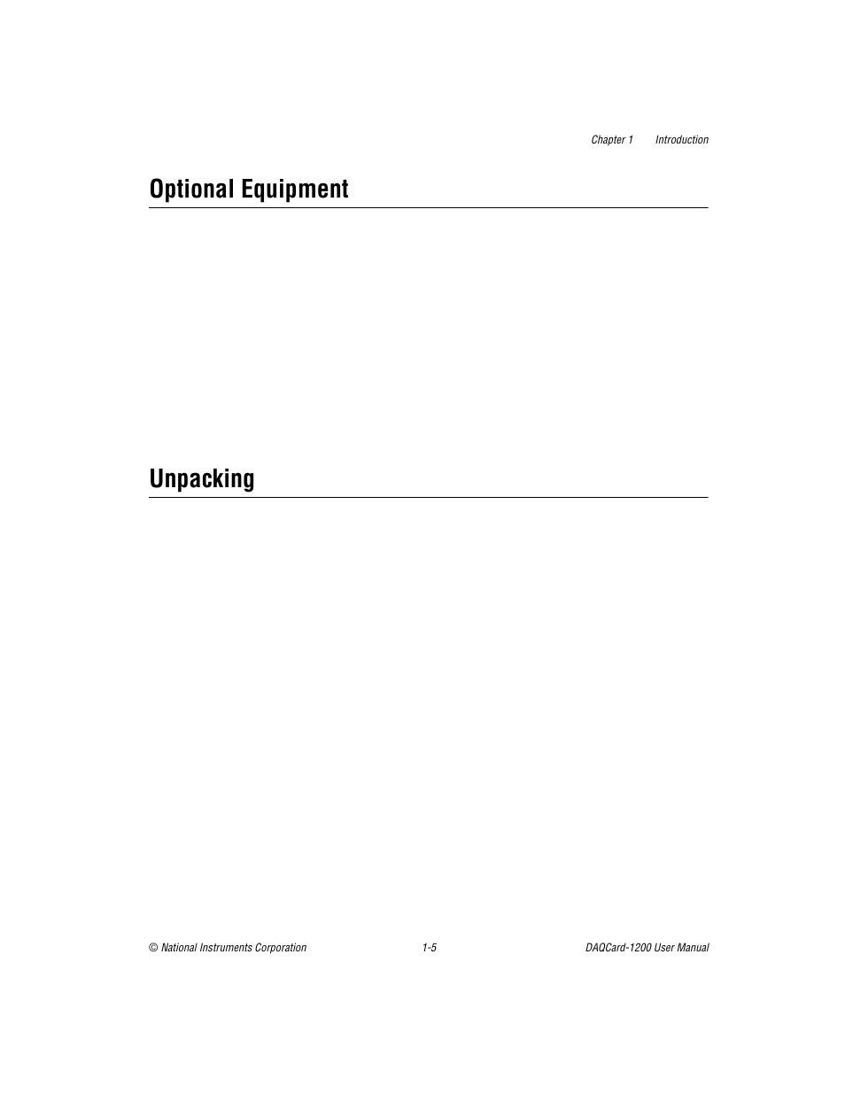 Optional equipment, Unpacking, Optional equipment -5 unpacking -5 | National Instruments DAQCard-1200 User Manual | Page 16 / 101