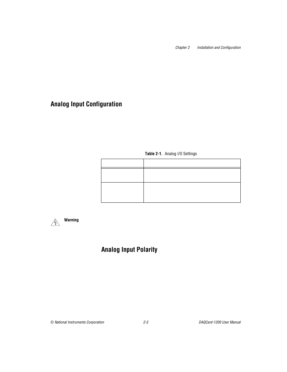 Analog input configuration, Analog input polarity, Table 2-1. analog i/o settings | Analog input configuration -3, Analog input polarity -3, Table 2-1, Analog i/o settings -3 | National Instruments DAQCard-1200 User Manual | Page 19 / 101