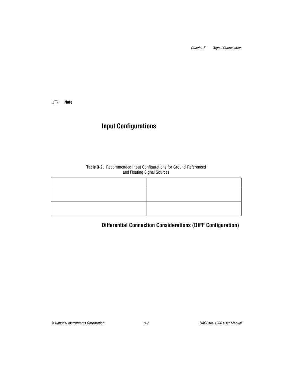 Input configurations, Input configurations -7, Differential connection considerations | Diff configuration) -7, Table 3-2 | National Instruments DAQCard-1200 User Manual | Page 29 / 101