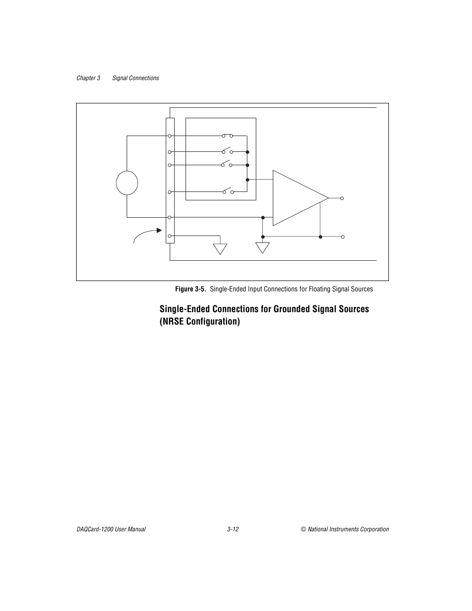 Single-ended connections for grounded signal, Sources (nrse configuration) -12, Figure 3-5 | National Instruments DAQCard-1200 User Manual | Page 34 / 101
