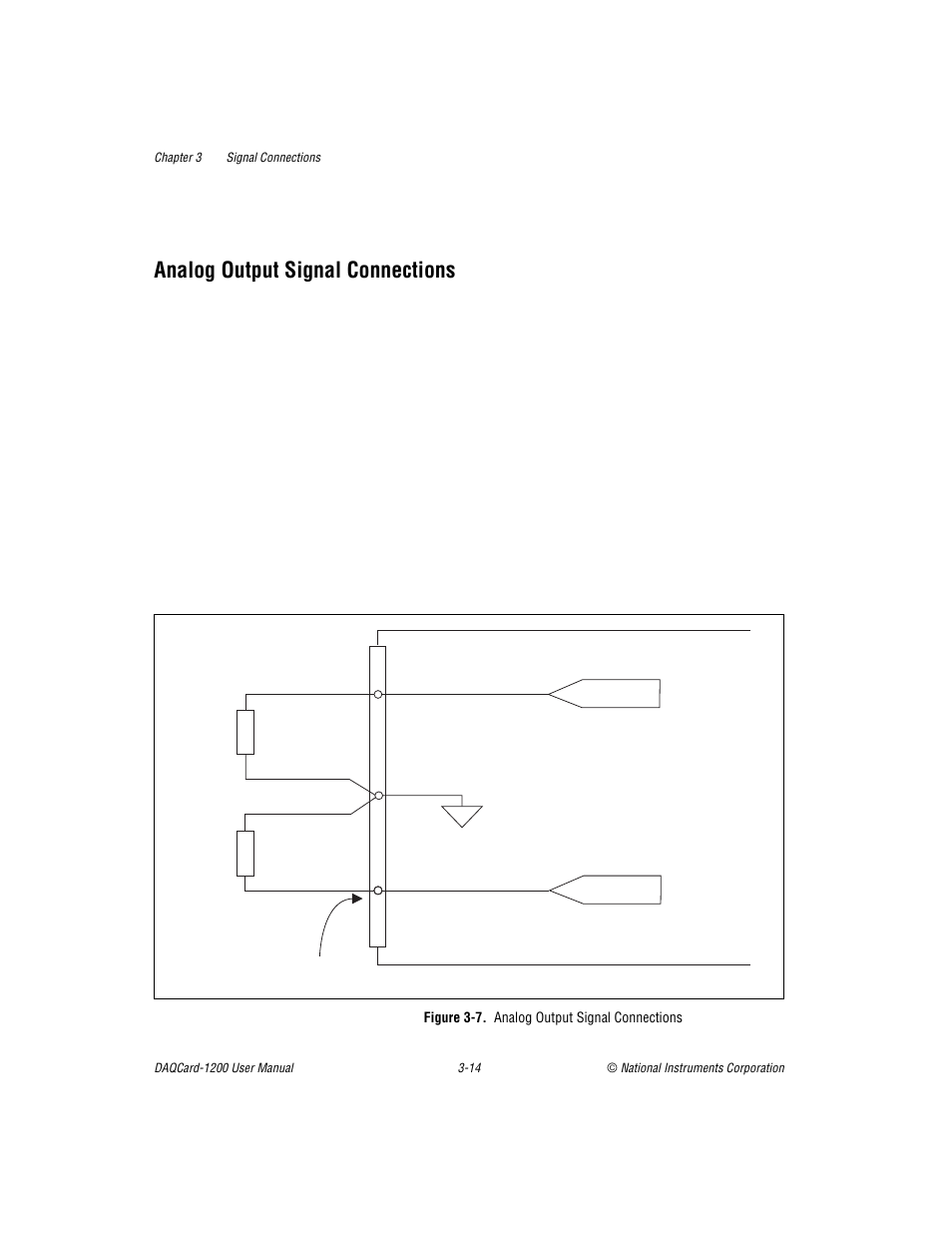 Analog output signal connections, Figure 3-7. analog output signal connections, Analog output signal connections -14 | Figure 3-7 | National Instruments DAQCard-1200 User Manual | Page 36 / 101