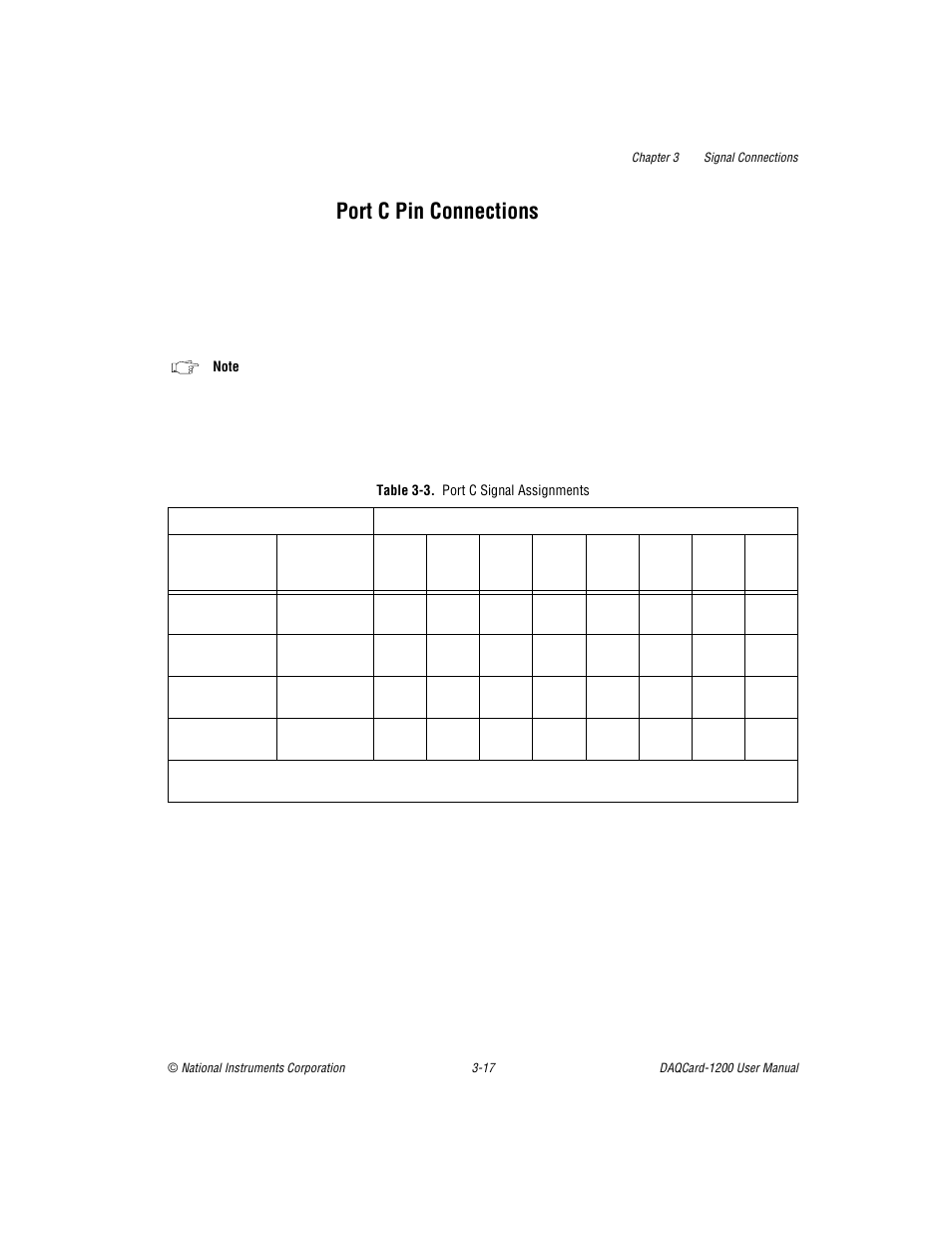 Port c pin connections, Table 3-3. port c signal assignments, Port c pin connections -17 | Table 3-3, Port c signal assignments -17 | National Instruments DAQCard-1200 User Manual | Page 39 / 101
