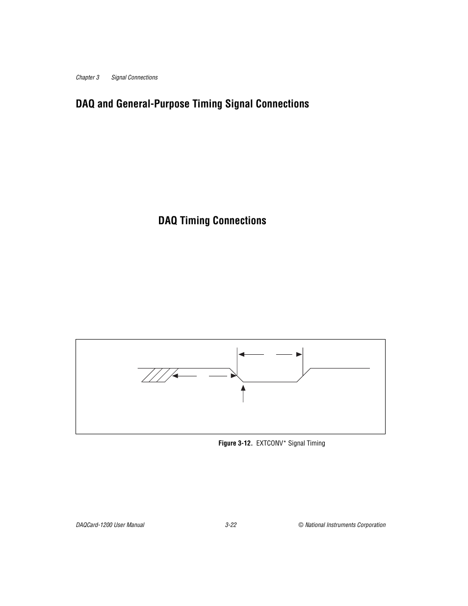 Daq and general-purpose timing signal connections, Daq timing connections, Figure 3-12. extconv* signal timing | Daq timing connections -22, Figure 3-12, Extconv* signal timing -22, Section | National Instruments DAQCard-1200 User Manual | Page 44 / 101