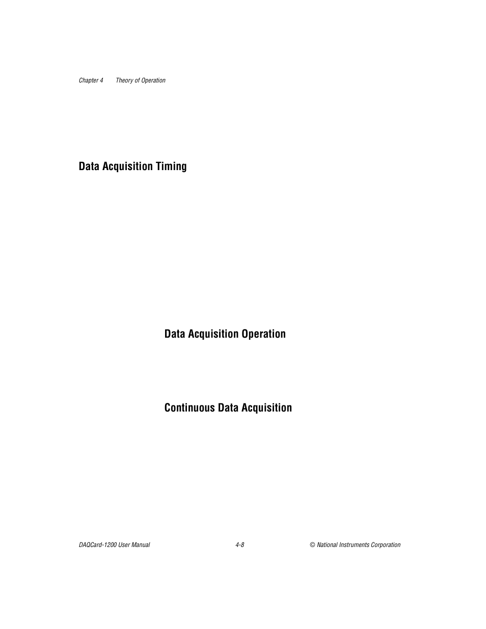 Data acquisition timing, Data acquisition operation, Continuous data acquisition | Data acquisition timing -8 | National Instruments DAQCard-1200 User Manual | Page 61 / 101