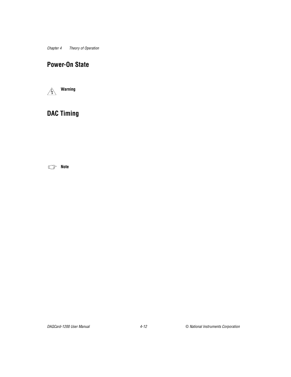 Power-on state, Dac timing, Power-on state -12 dac timing -12 | National Instruments DAQCard-1200 User Manual | Page 65 / 101