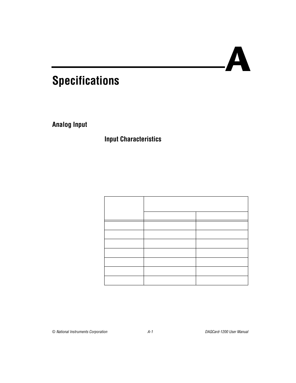 Appendix a specifications, Endix a, Specifications | Qcard-1200 are in appendix a, Ndix a | National Instruments DAQCard-1200 User Manual | Page 70 / 101